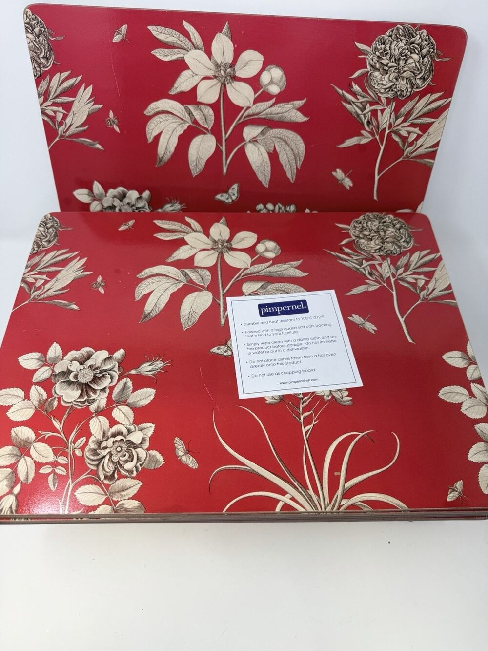 Pimpernel Sanderson Etchings & Roses Red Placemats Set of 8 Cork Back Floral